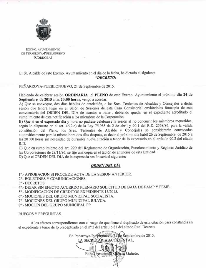 Pleno ordinario del mes de Septiembre