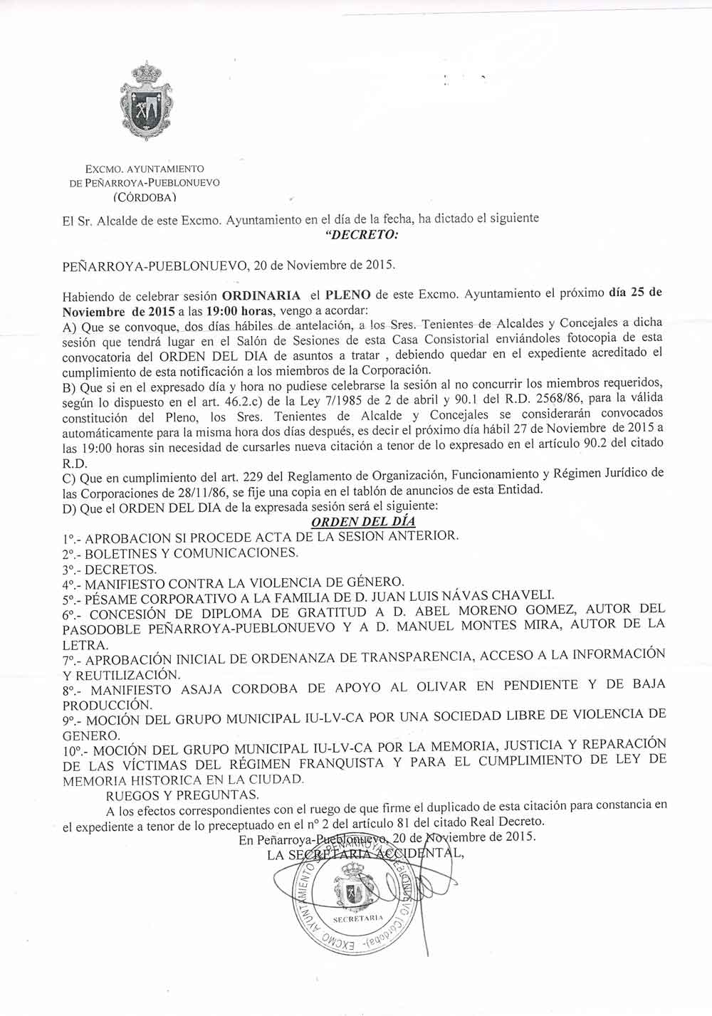 Pleno ordinario del mes de noviembre en Pearroya
