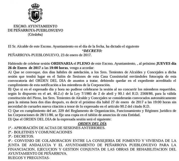 Pleno ordinario a las 19,00