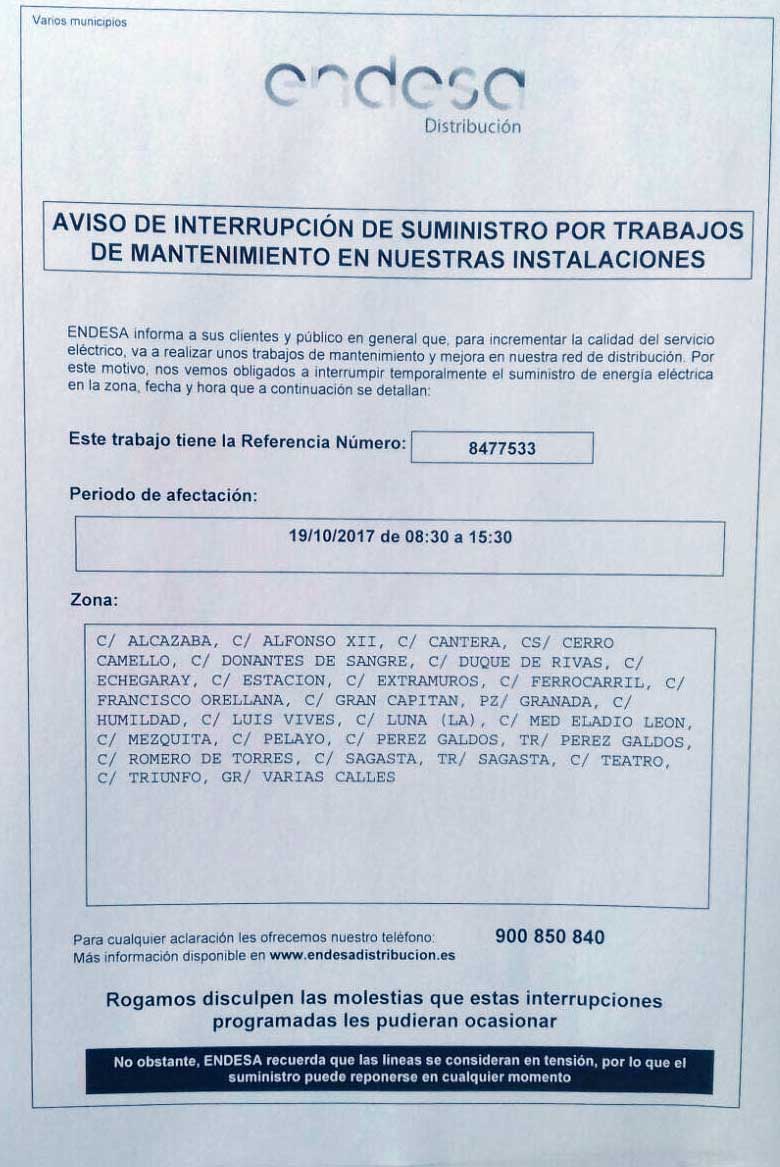 Aviso de corte del suministro elctrico