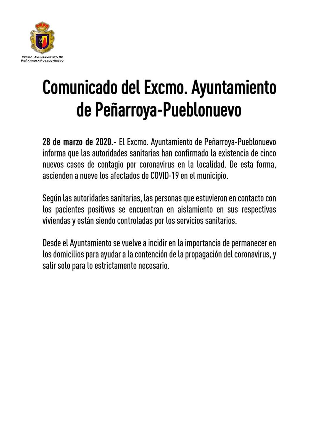 Comunicado del Ayto. de  Pearroya da 28 de marzo
